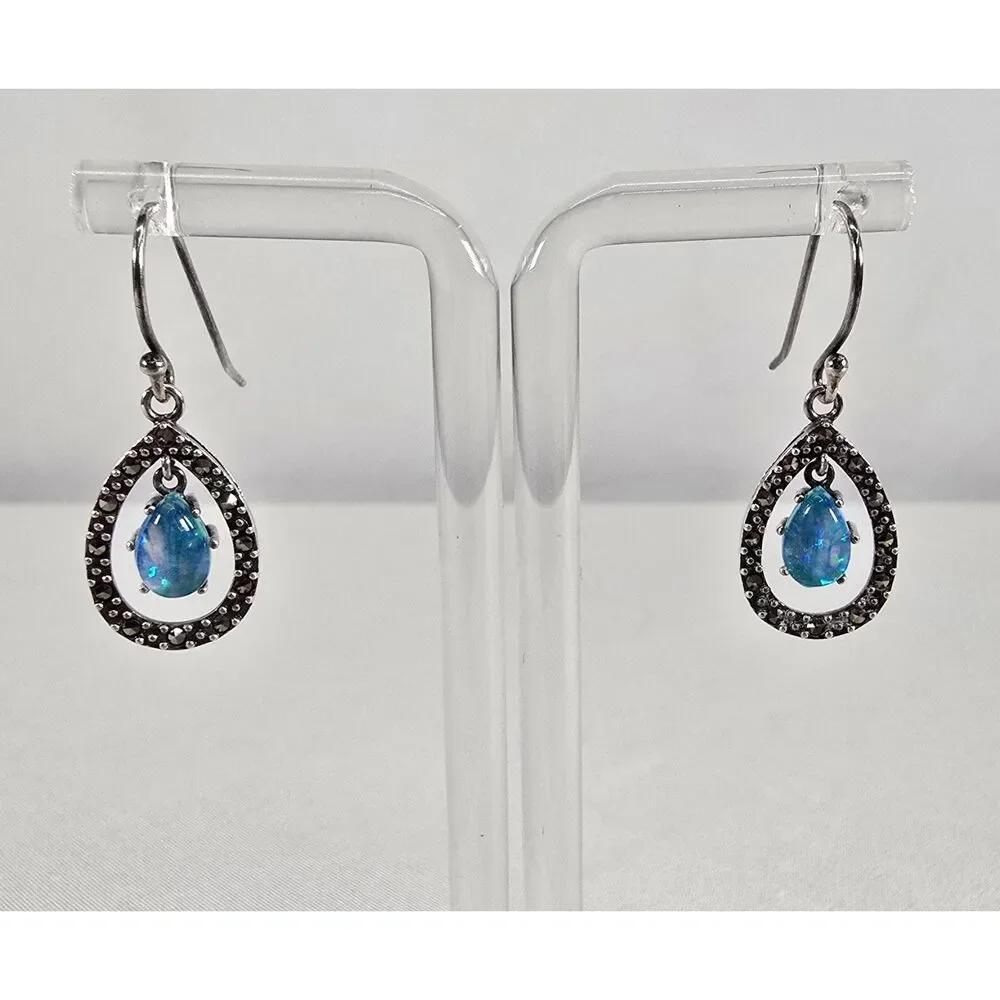 Sterling Silver 925 Synthetic Opal & Marcasite‎ Teardrop Earrings Pierced Hook